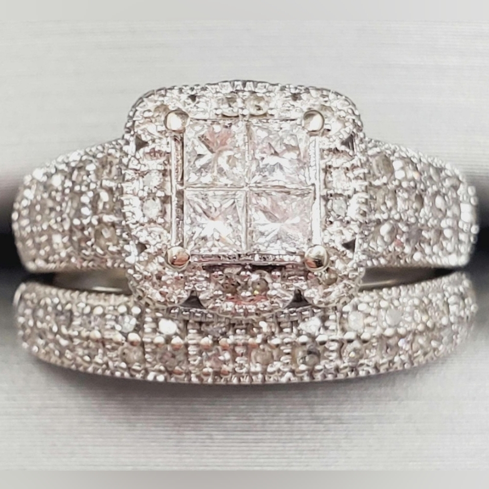 14k White Gold Diamond Engagement Ring & Wedding Band Bridal Set
